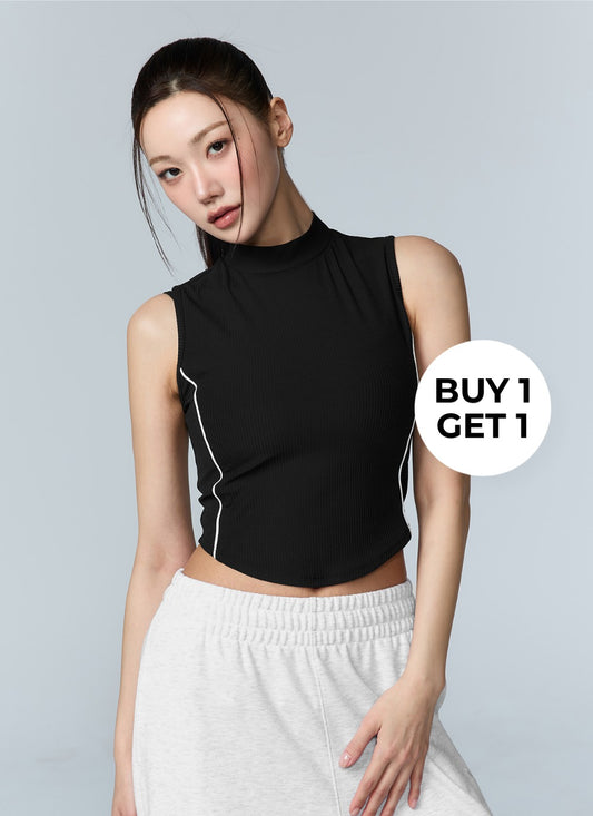 [BUY 1 GET 1] Soft Ribbed Piping Mock Neck Sleeveless Top