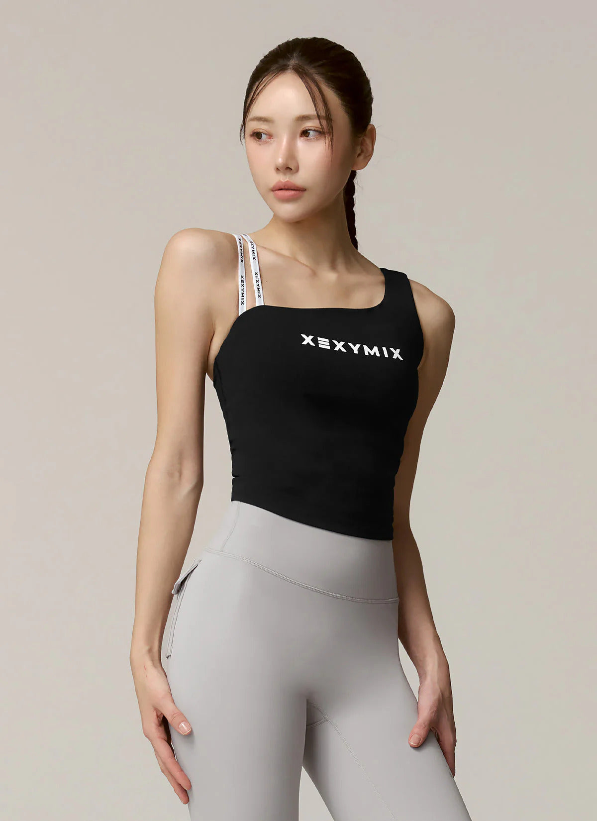 XEXYMIX Unbalanced Logo Banding Crop Top in Ivory — image 1