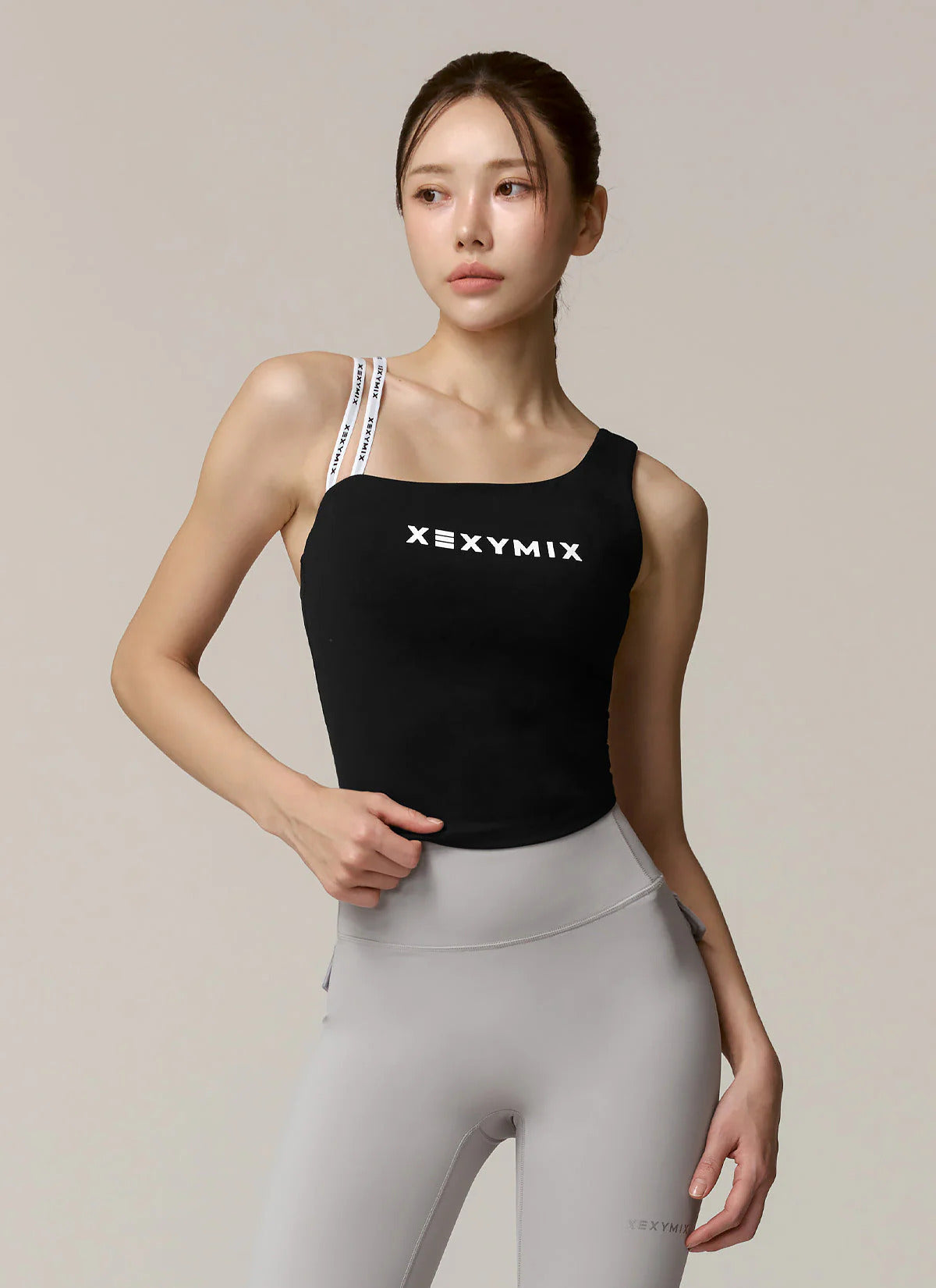 XEXYMIX Unbalanced Logo Banding Crop Top in Ivory — image 2