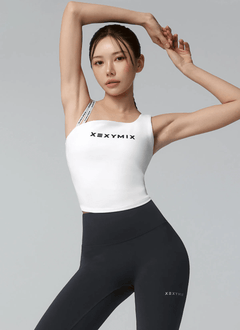 XEXYMIX Unbalanced Logo Banding Crop Top in Black — image 2