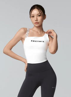 XEXYMIX Unbalanced Logo Banding Crop Top in Black — image 3