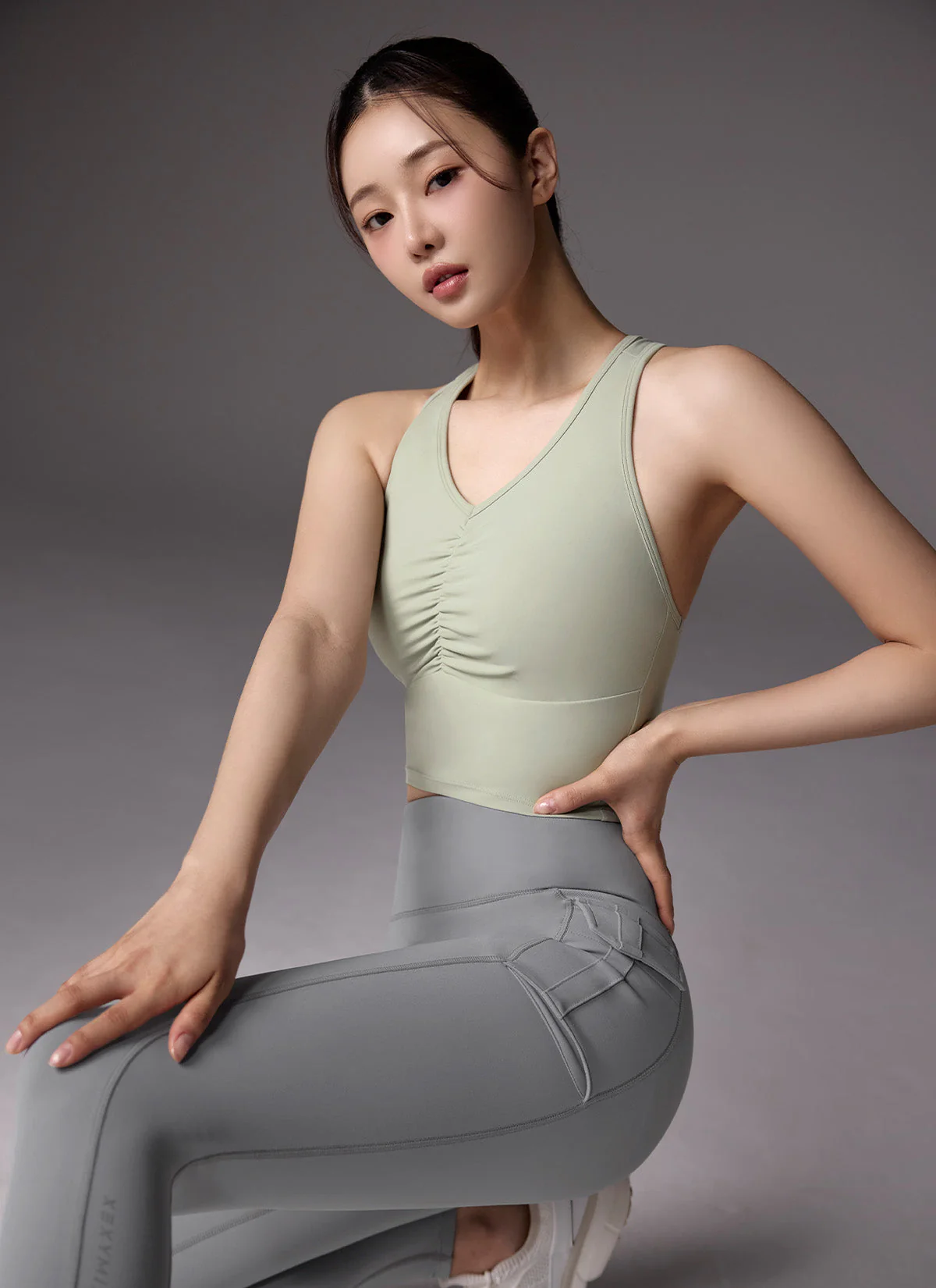 XEXYMIX Black Label Signature Power Rise Shirring Crop Top in Milky Green — image 4