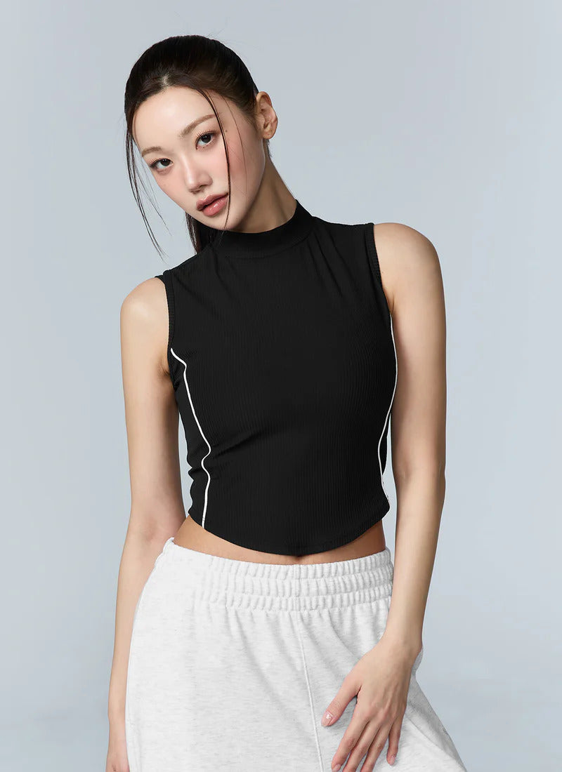 XEXYMIX Soft Ribbed Piping Mock Neck Sleeveless Top in Black — image 1
