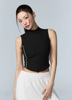 XEXYMIX Soft Ribbed Piping Mock Neck Sleeveless Top in Black — image 1