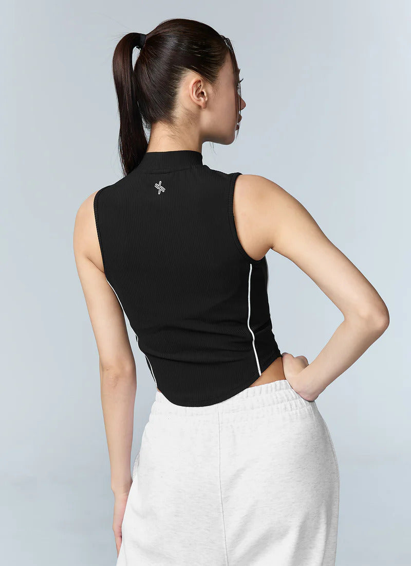 XEXYMIX Soft Ribbed Piping Mock Neck Sleeveless Top in Black — image 2