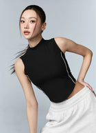 XEXYMIX Soft Ribbed Piping Mock Neck Sleeveless Top in Black — image 4