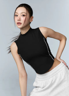 XEXYMIX Soft Ribbed Piping Mock Neck Sleeveless Top in Black — image 4