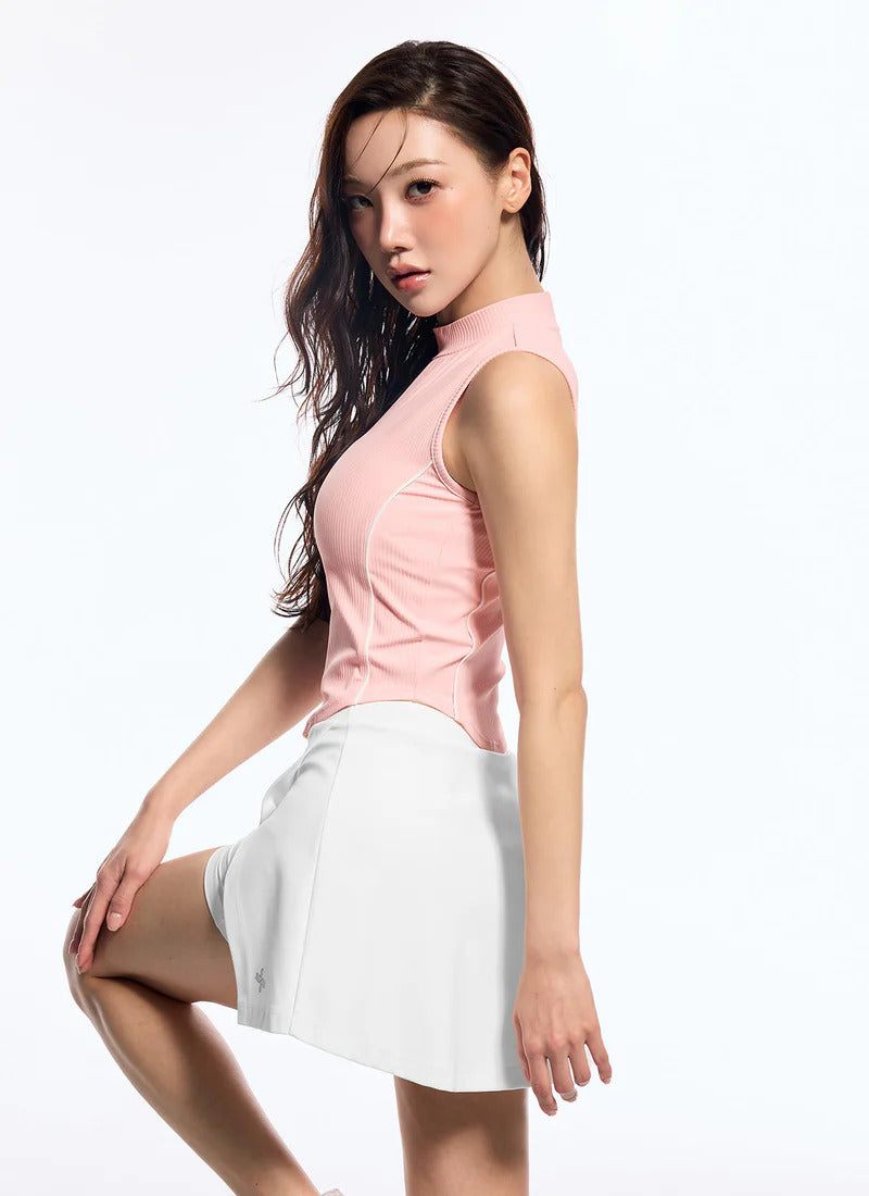 XEXYMIX Soft Ribbed Piping Mock Neck Sleeveless Top in Tutu Pink — image 2
