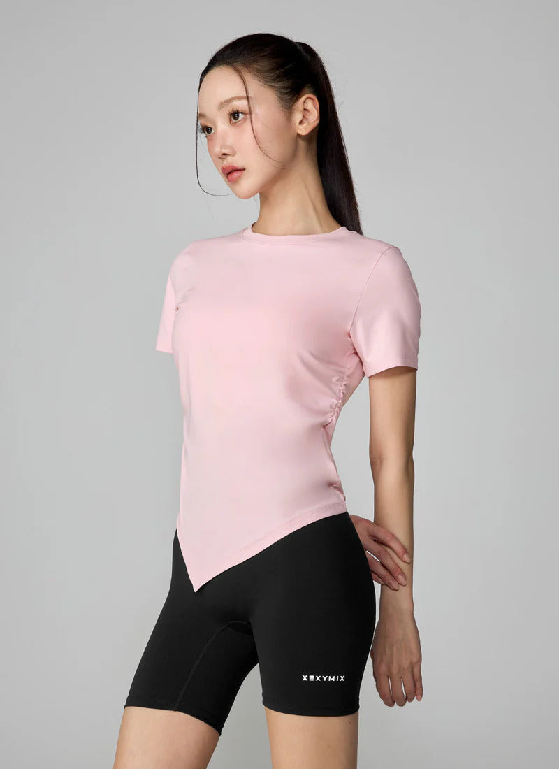 XEXYMIX Ice Feather Light 2.0 Asymmetric Shirring Short Sleeve Top in Gelato Pink — image 1