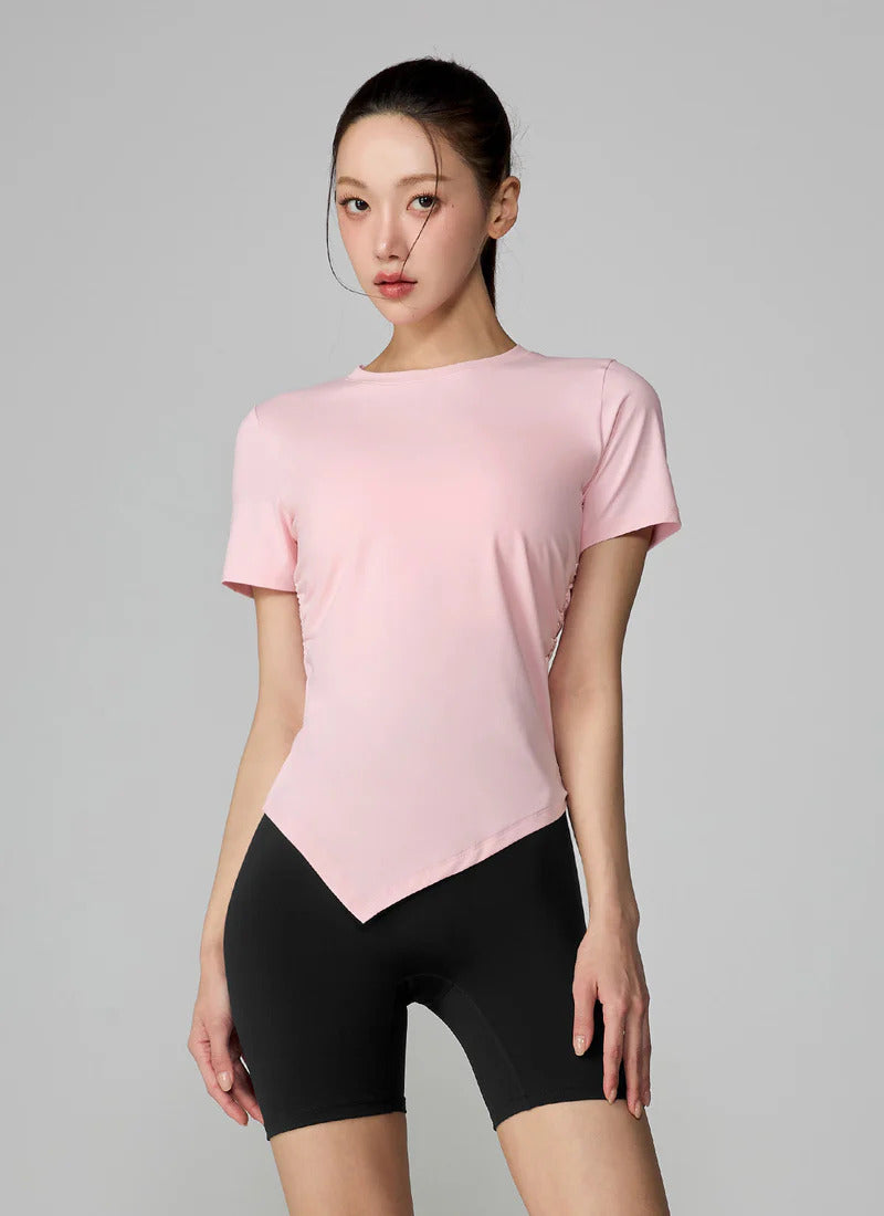 XEXYMIX Ice Feather Light 2.0 Asymmetric Shirring Short Sleeve Top in Gelato Pink — image 2