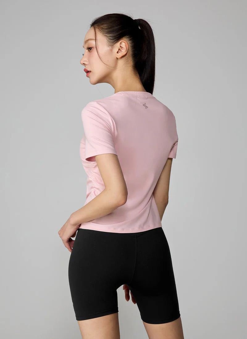 XEXYMIX Ice Feather Light 2.0 Asymmetric Shirring Short Sleeve Top in Gelato Pink — image 3