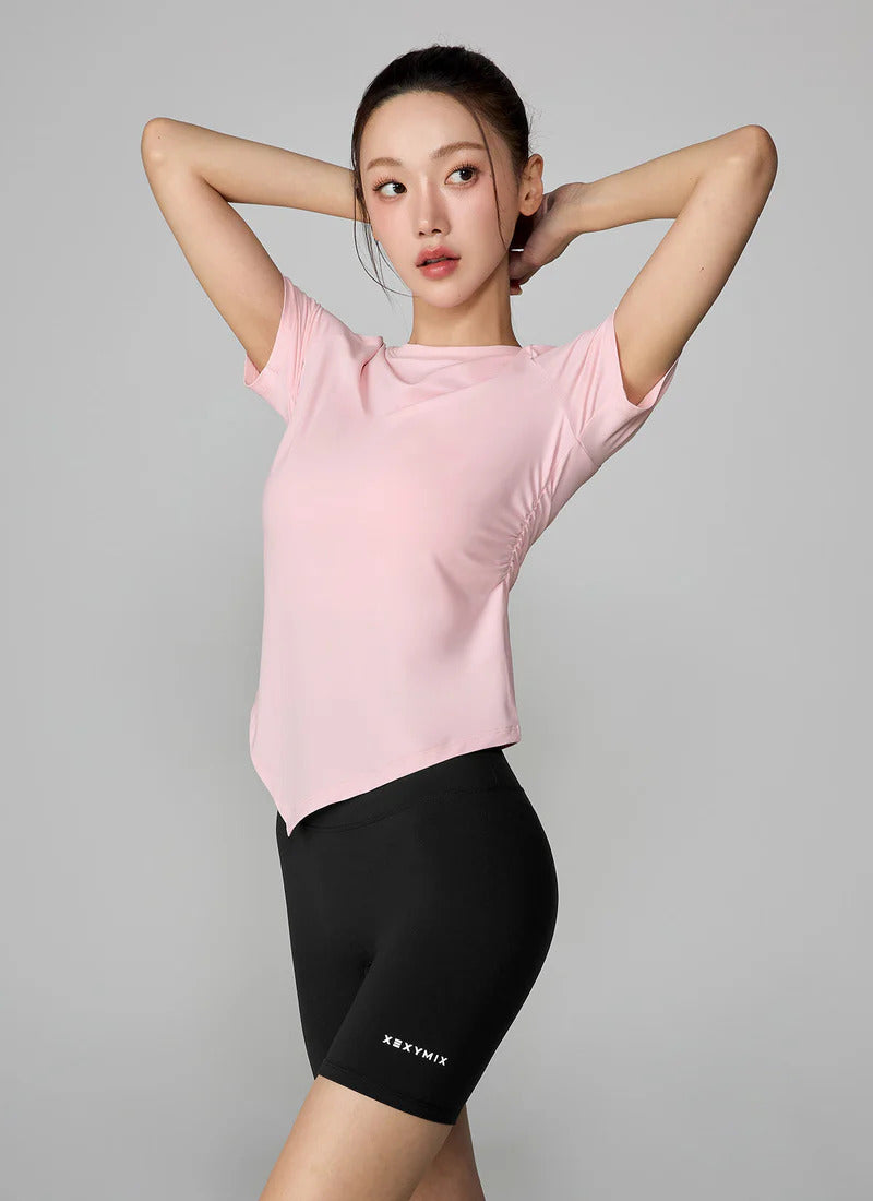XEXYMIX Ice Feather Light 2.0 Asymmetric Shirring Short Sleeve Top in Gelato Pink — image 4