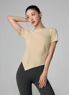 XEXYMIX Ice Feather Light 2.0 Asymmetric Shirring Short Sleeve Top in Ginger Beige — image 3