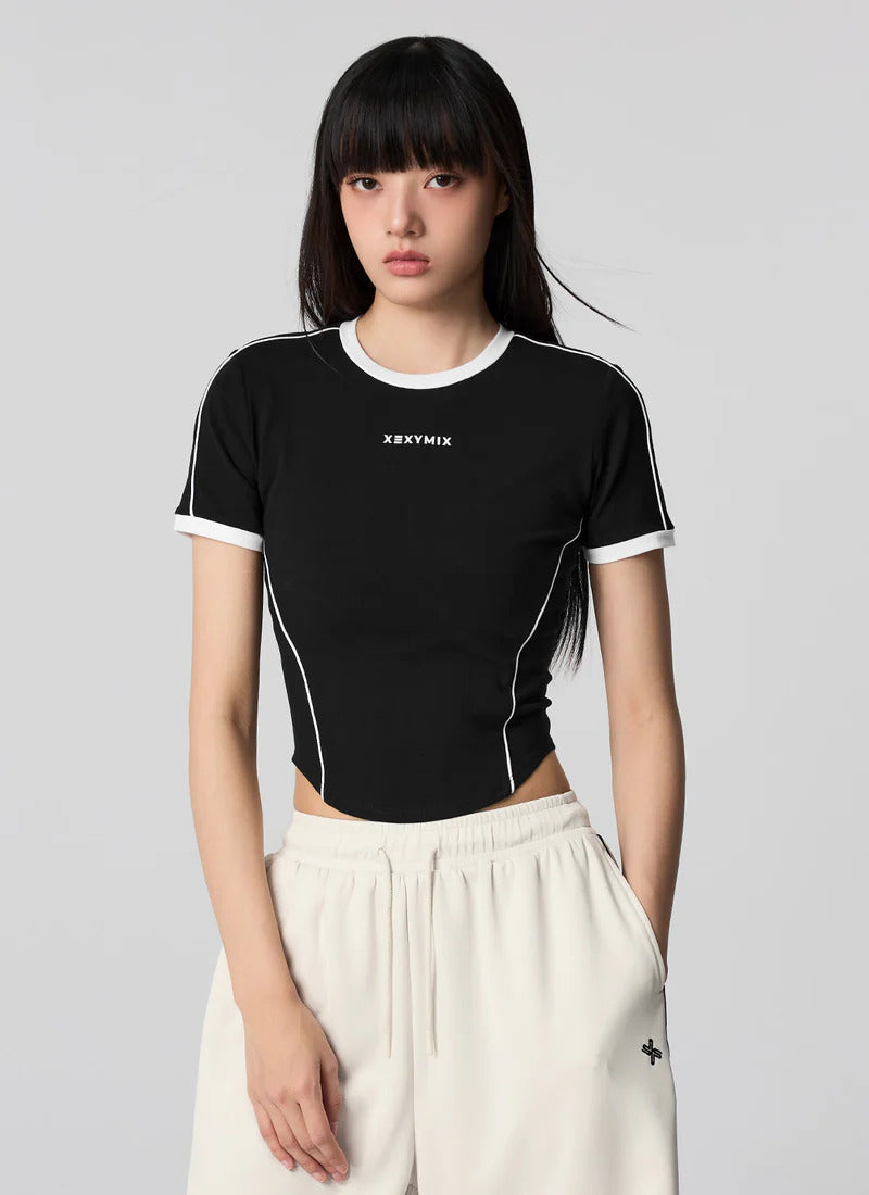 XEXYMIX Contrast Piping Point Short Sleeve Top in Black — image 1