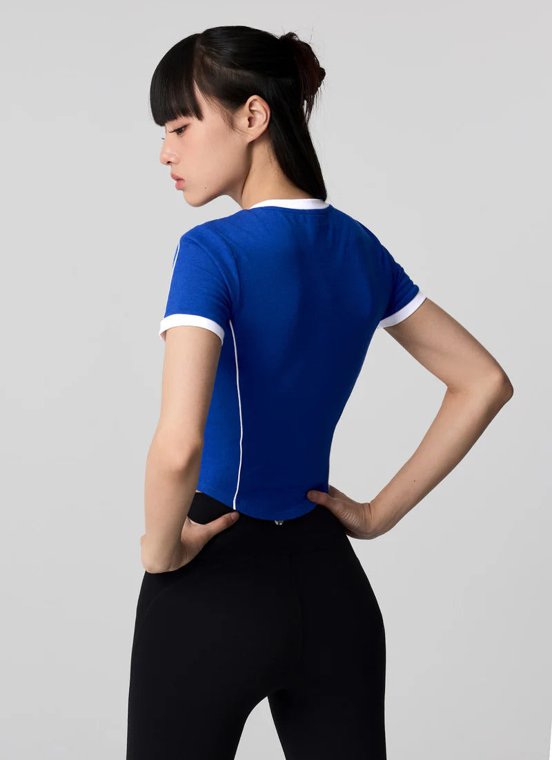 XEXYMIX Contrast Piping Point Short Sleeve Top in Flash Blue — image 2
