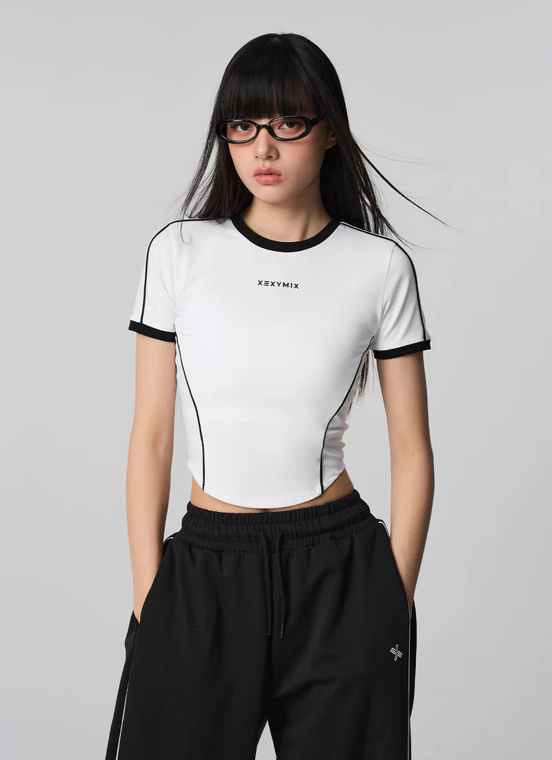 XEXYMIX Contrast Piping Point Short Sleeve Top in Ivory — image 1