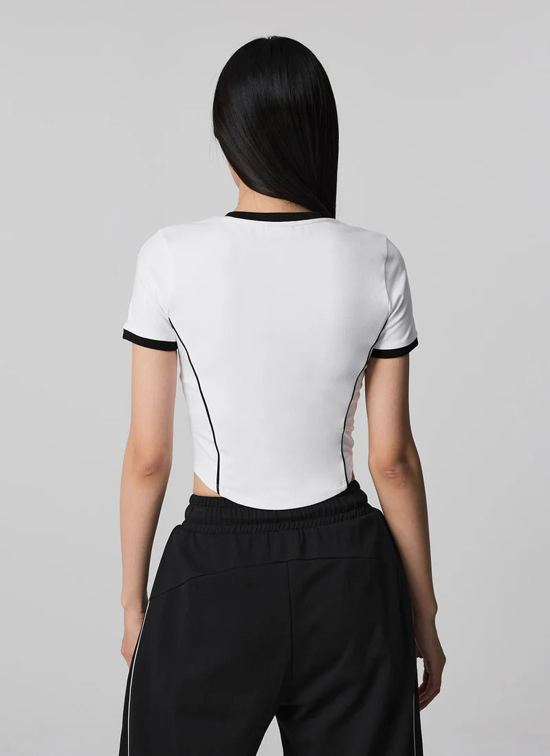 XEXYMIX Contrast Piping Point Short Sleeve Top in Ivory — image 2