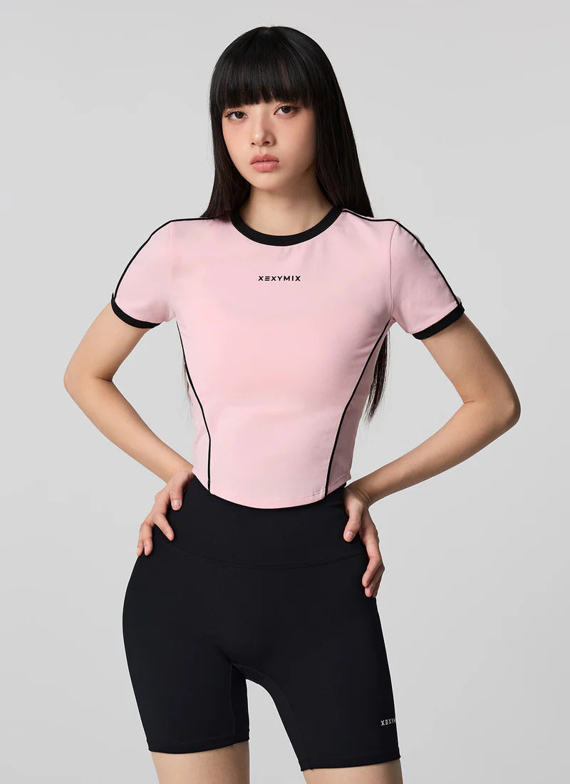 XEXYMIX Contrast Piping Point Short Sleeve Top in Shy Pink — image 1
