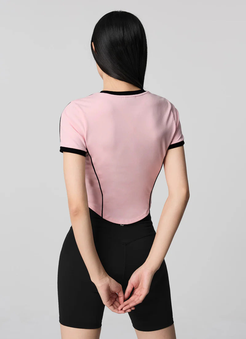 XEXYMIX Contrast Piping Point Short Sleeve Top in Shy Pink — image 2