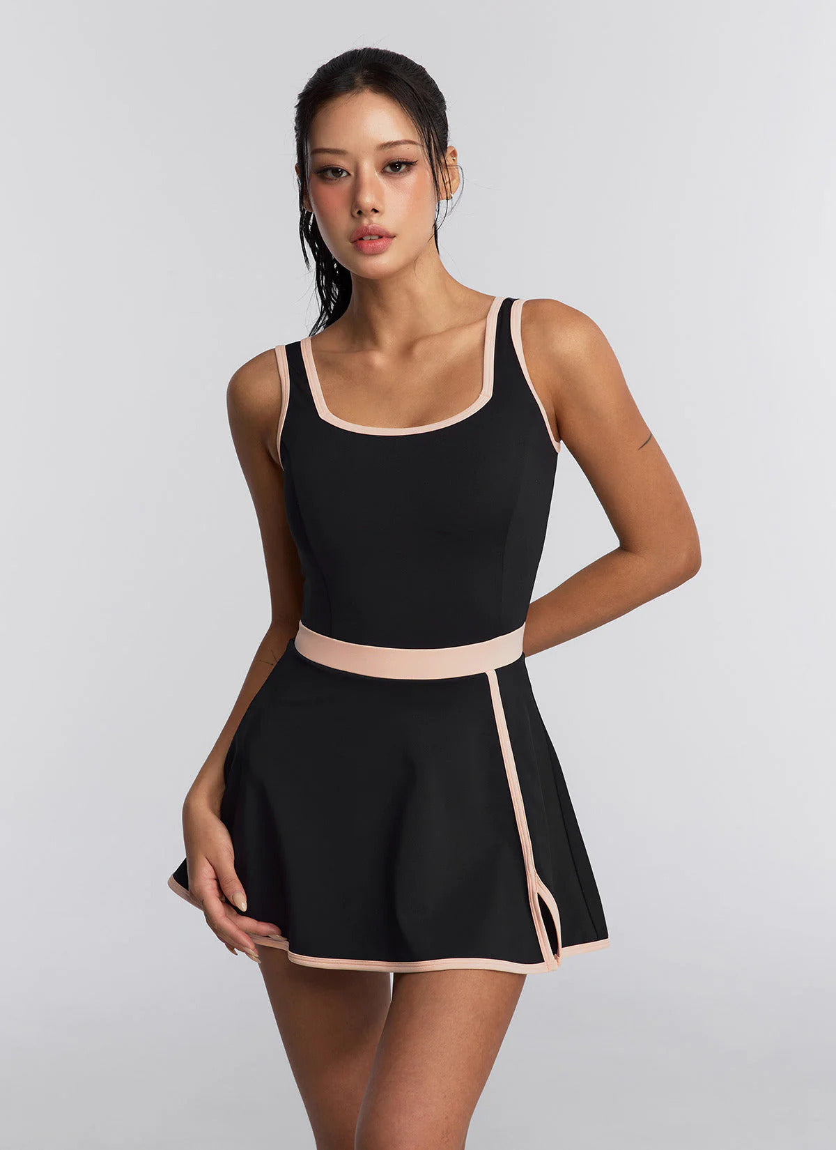XEXYMIX French Contrast Two-in-One Dress in Black, back view