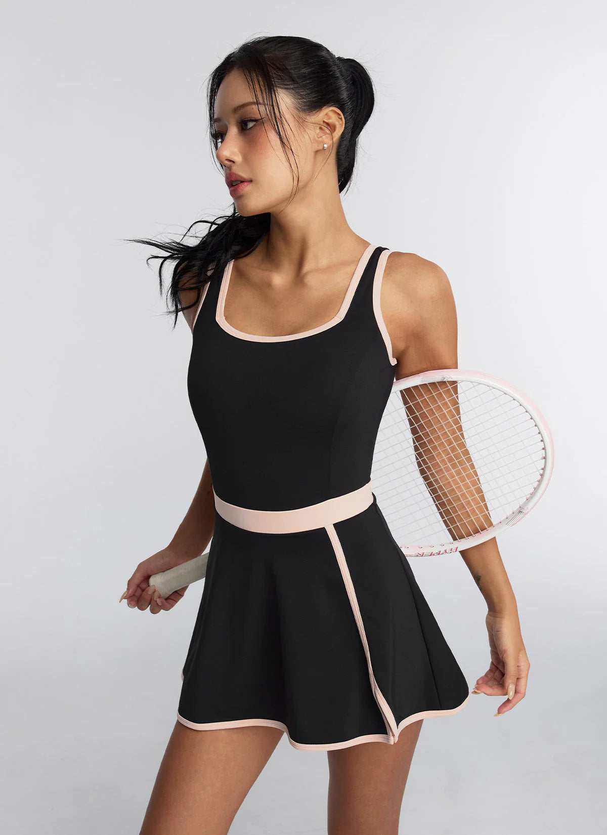 XEXYMIX French Contrast Two-in-One Dress in Black, full length view